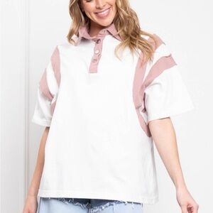 A261. White and Pink Oversized Polo Top